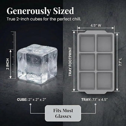 KitchFort® Large Silicone Ice Cube Tray (3-Pack), Easy Release 2" Big Ice Cubes - Cocktail, Whiskey Ice Cubes Mold - Ice Trays for Freezer with Lid - Stackable Silicone Ice Tray - Gray