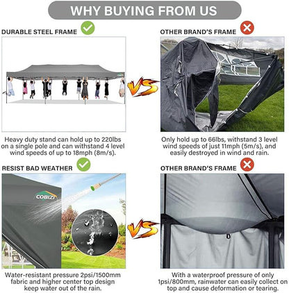 COBIZI 10x30 Pop Up Canopy Without Sidewall,Heavy Duty Canopy UPF 50+ All Season Wind Waterproof Commercial Outdoor Wedding Party Tents for Parties Canopy Gazebo with Roller Bag(10 x 30 ft Gray)