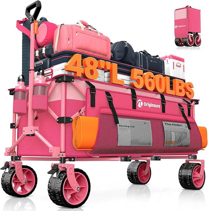 48" L Collapsible Wagon Cart Foldable, 560lbs Weight Capacity 300L Heavy Duty Folding Beach Wagons with Big All-Terrain Wheels, Utility Carts for Groceries, Shopping, Camping, Sports - Pink