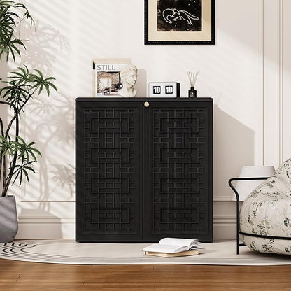 Outdoor Storage Cabinet Waterproof with Shelf,Resin Storage Sheds Outdoor Cabinets for tub towels/chemicals/grill items/Patio/Garden/Backyard, Size 34.3''L*15''W*36.2''H（Black）