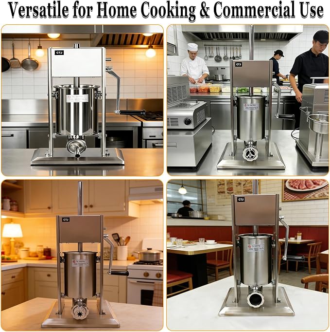 CTJ Sausage Stuffers Stainless Steel Sausage & Churro Maker 5L/11Lb,Silver | Manual 2 in 1 Sausage Stuffer & Churro Maker, 2-Speed Adjustable Vertical Sausage Maker, 4 Stuffing Tubes & Churros Nozzle