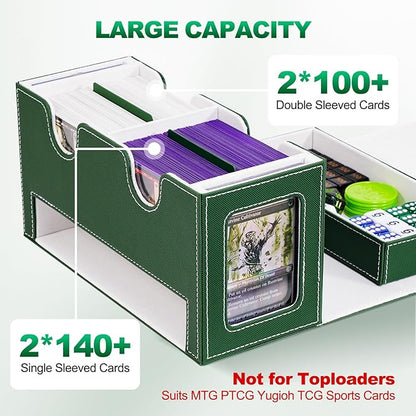 Card Deck Box for MTG, Double Card Storage Box with 2 Commander Display & 1 Dice Tray, Fits 200+ Double Sleeved Cards, Organizer for CCG TCG Sports Cards (Green White)