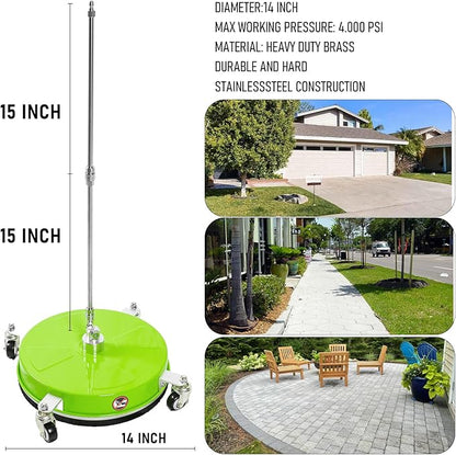14" Pressure Washer Surface Cleaner with 4 Wheels, Coated Green Stainless Steel Power Washer Surface Cleaner for Driveway Sidewalk Patio, 1/4" Quick Connector 2 Extension Wand, 4000 PSI