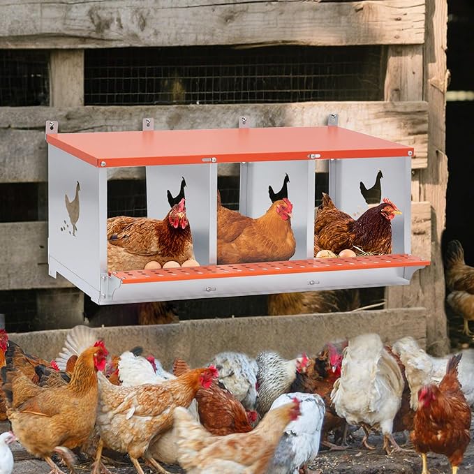 Chicken Nesting Boxes, 3 Rooms Hens Nest Box, Metal Poultry Nest Box Wall Mount for Chickens Egg Laying Box Collection Vented Holes Chicken Coop Cages Equipment, Orange (3 Rooms)