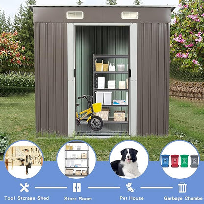 6X4 FT Outdoor Storage Shed, Waterproof Metal Garden Sheds with Lockable Door, Steel Tool Storage Buildings Shed & Outdoor Storage House for Garden, Backyard, Patio, Lawn, Trash Cans(Brown)