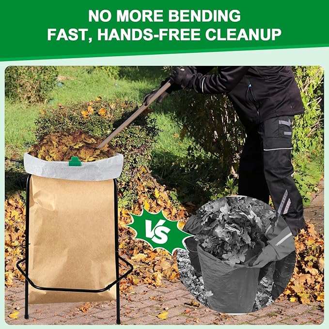 Aobiono Trash Leaf Bag Holder Stand, Garbage Bag Support Frame for 30-55 Gallon Lawn Bags, for Yard Kitchen Garden Outdoor Camping Waste, with Reusable Bag Clips, Heavy Duty (Black)
