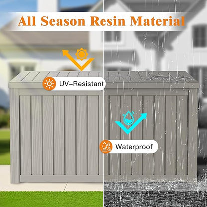 180 Gallon Outdoor Storage Box, Waterproof Deck Box with Handles and Lockable Lid, Resin Patio Storage Box with Hydraulic Rods for Garden Tools, Cushions, Grey