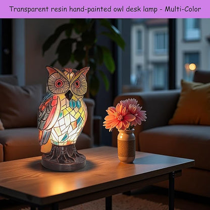 Tiffany Style Owl Table Lamps - Hand-Drawn Vintage Resin Colorful Tiffany Owl Lamp for Bedroom Living Room Nursery Office, Whimsical Animal Desk Lamp, Unique Gift for Mom.
