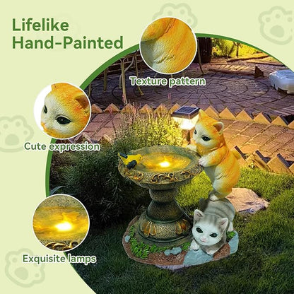 Solar Two Kittens Garden Statues with LED Lights, Outdoor Decor for Patio Yard Balcony - Unique Housewarming Birthday Gifts for Women Mom Grandma
