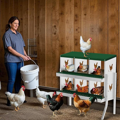 Chicken Nesting Boxes,6 Compartments Galvanized Steel Metal Laying Boxes with Leg,Pull-Out Egg Box Easy Egg Collection & Clean,Wall Mount Suitable for Farm Chicken House,Green