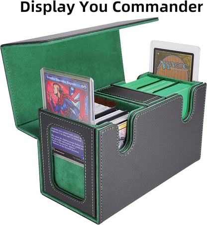 AFIING MTG Commander Card Storage Box - Fits 200 Double Sleeved Cards,3-in-1Card Deck Case,Strong Magnet Card Organizer For Magic Commander TCG CCG,4Dividers &2 Toploaders, Black/Green