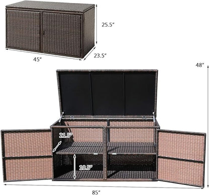 Tangkula Outdoor Wicker Storage Box, Garden Deck Bin with Steel Frame, Rattan Storage Box with Lid, Ideal for Storing Tools, Accessories, 88 Gallon Capacity (Brown)