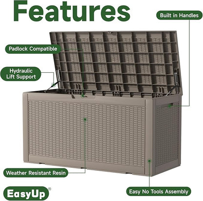 EasyUp 120 Gallon Outdoor Storage Box Waterproof, UV Resistant Resin Deck Box with Hydraulic Rod, Reinforced Stability for Patio, Garden, Rattan Gray
