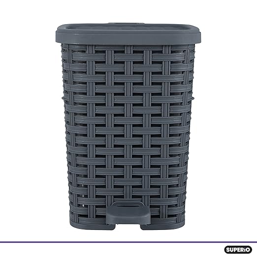 Superio Mini Trash Can with Foot Pedal Small Outdoor Garbage Can with Lid, 1.5 Gallon Plastic Waste Basket for Bathroom, Bedroom, Kitchen, Office, Patio (Wicker Grey 6 QT.)