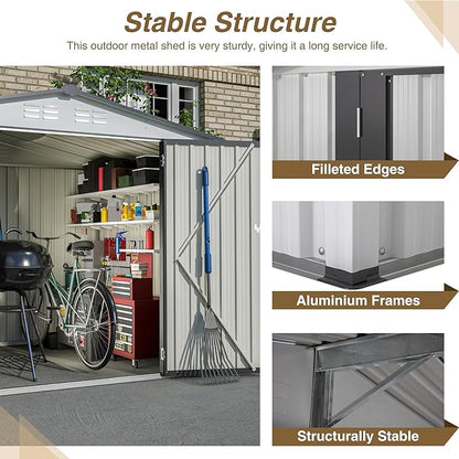 8x6 FT Outdoor Storage Shed W/ 2 Lockable Hinged Doors,Metal Shed W/Sloped Roof & 4 Air Vents,Garden Tool House W/Updated Frame Structure,for Backyard Patio Lawn,White