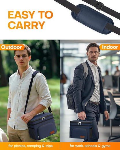 HOTOR Insulated Lunch Box Men Women Leak-Proof Cooler Lunch Bag 9L | 4 Pockets, Adjustable Strap, Ideal for Work, Picnic, Travel, Camping, Gift, Navy Blue