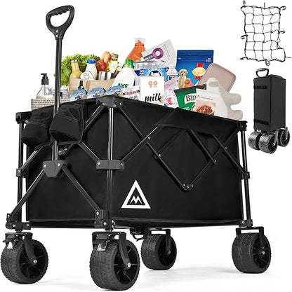 Wagon Cart Shopping Foldable Folding Collapsible with Wheels Big On Beach Garden Outdoor Grocery Heavy Duty Utility All Terrain Portable Wagons Carts for Groceries Sand Camping Sports Black