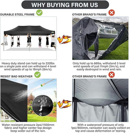 COBIZI 10x20 Pop up Canopy Tent 10x20 Canopy with 6 Sidewalls Waterproof Heavy Duty Commercial Canopy Tent for Parties Outdoor Tent Garden Gazebo Tent, Carry Bag with Wheel(10x20ft, Black)