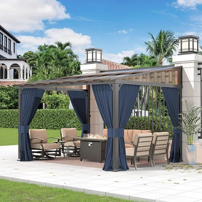 Gotland 10FTx12FT Outdoor Wall-Mounted Hardtop Pergola, Metal Frame Gazebo with Sloping Sun Panel Roof and Double Curtains for Patio, Garden, Lawn, Navy
