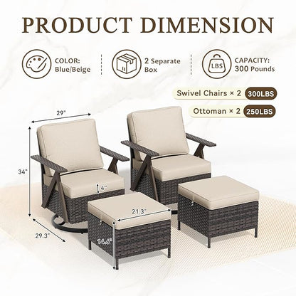 Outdoor Swivel Rocker Chairs Set of 4, Wicker Swivel Patio Chair with Ottomans, Patio Furniture Set for Outside Backyard