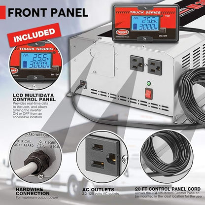 Tundra M Series M3024 Power Inverter Modified Sine Wave 3000W/ 24V DC to 120 V AC for Trucks, Buses & Coaches Features LCD Display Adjustable Battery Protection with Dual AC Outlets