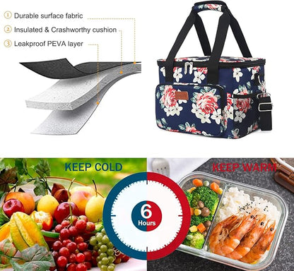 Lunch Bags for Women/Men, Insulated Lunch Bag for Work Office Picnic - Large Lunch Cooler Bag Leakproof Lunch Box with Adjustable Shoulder Strap for Adults - Floral(15L)