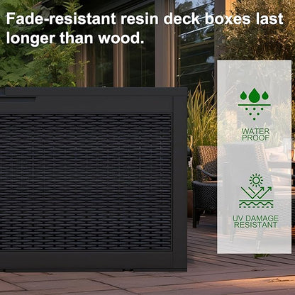 100 Gallon Outdoor Deck Box,Storage Lockable Waterproof Patio Furniture,Garden Tools,Cushions,Pool Accessories Outside Storage Resin Box(Black)