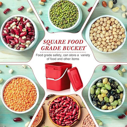 Mumufy 5 Pcs 3.5 Gallon Square Food Grade Bucket with Lid Square Bucket Pail Plastic Handles for Long Term Food Storage, Camping, Fishing, Home Organization Easy Stack and Store (Red)