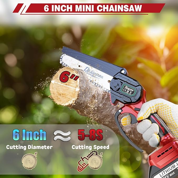 Mini Electric Chainsaw Cordless Brushless, 6 Inch Small Chainsaw Battery Powered, Handheld Chain Saw for Wood Tree Branches Pruning, 4 Chains, 2x 2500 mAh Battery, Garden Tools Christmas Gifts for Dad
