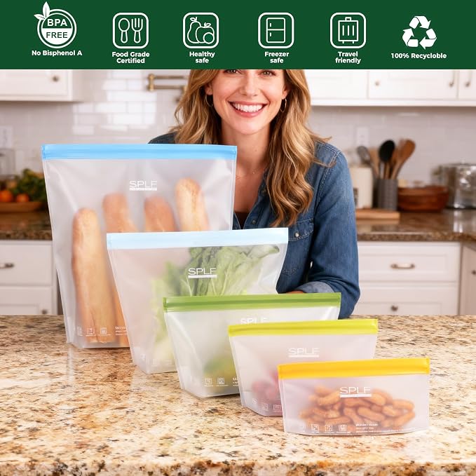 SPLF 6 Pack Stand-Up Reusable Gallon Freezer Bags Dishwasher Safe | Extra Thick 1 Gallon Leakproof Food Storage Bags, BPA and Silicone Free Freezer Bags for Meal Prep, Bread, Veggies, Travel