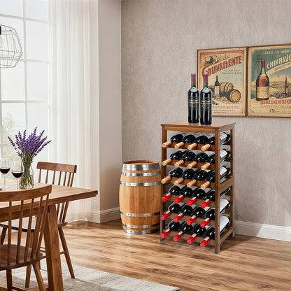 Wine Rack Free Standing Floor, 6-Tier 24 Bottles Display Wine Storage Shelves with Table Top, Easy-Assembly Freestanding Bamboo Wine Racks for Kitchen Dining Room Bar, Walnut