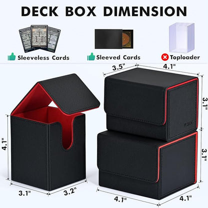 ZLCA Card Deck Box for Trading Cards, MTG YuGiOh Deck Case Holds 100+ Single Sleeved Cards, PU Leather Magnetic Card Storage Box Fits for TCG CCG Magic Game Cards (Black& Red)