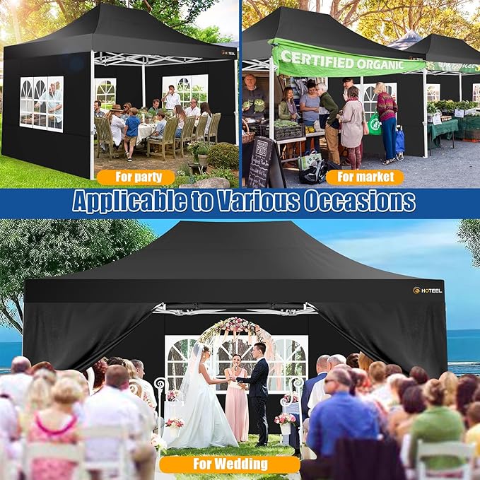 HOTEEL 10x15 Pop up Canopy Tent for Parties, Heavy Duty Easy Setup Tent with 4 Sidewalls, Outdoor Commercial Instant Gazebo for Wedding Event, with Roller Bag & Sand Bags, Black(Hexagonal Frame)