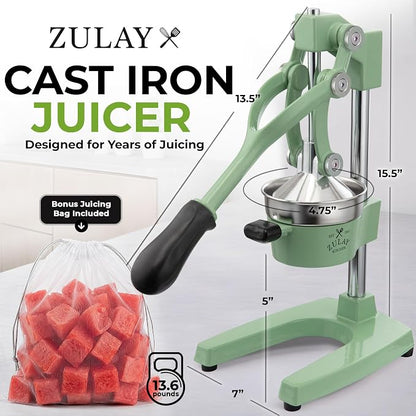 Zulay Kitchen Cast Iron Juicer - Heavy Duty Manual Juicer with Detachable Strainers for Easy Cleaning, Orange Juice Press for Citrus Fruits, Perfect for Bartenders, Juice Lovers & Health Enthusiasts
