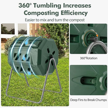 S AFSTAR Composter Tumbler Outdoor, 42-Gal Dual Chamber Tumbling Composter with 2 Sliding Doors, Metal Frame, BPA-Free Large Rotating Compost Bin Tumbler for Garden Yard Waste (Green)
