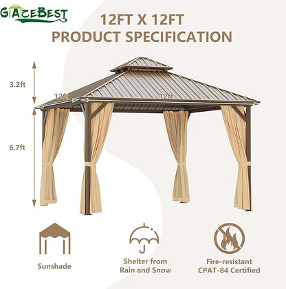 12'x12' Hardtop Gazebo, Outdoor Aluminum Patio Gazebo Double Roof Galvanized Steel Canopy with Netting and Curtains,for Garden Patio, Backyard, Deck and Lawns.