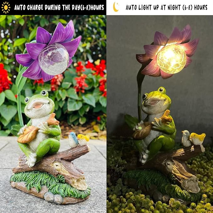 Garden Decor Statues, Outdoor Funny Frog Statue, Solar Frog Gift Sculpture Decoration for Home Patio, Yard, Lawn, Porch, Ornament
