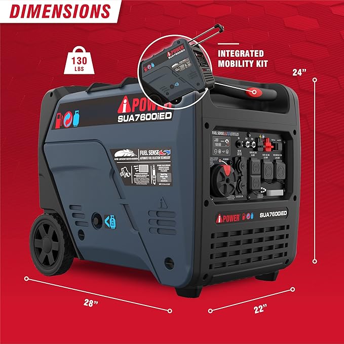 A-iPower 7600W Dual Fuel Quiet Portable Inverter Generator, Electric Start RV Ready, EPA & CARB Compliant CO Sensor, With Telescopic Handle For Backup Home Use, Tailgating & Camping (SUA7600iED)