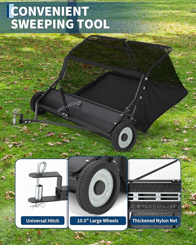 48" Lawn Sweeper Tow Behind, Heavy Duty Yard Sweeper Pull Behind with 25 Cu.Ft Large Hopper & Adjustable Sweeping Height, Universal Leaf Grass Collector for Tractor ATV UTV, Black