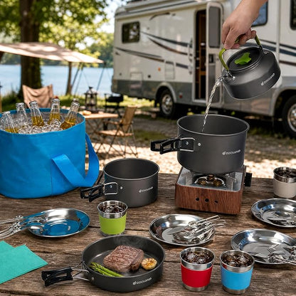 Odoland 29pcs Camping Cookware Mess Kit, Non-Stick Lightweight Pots Pan Kettle, Collapsible Water Container and Bucket, Stainless Steel Cups Plates Forks Knives Spoons for Outdoor Backpacking Picnic
