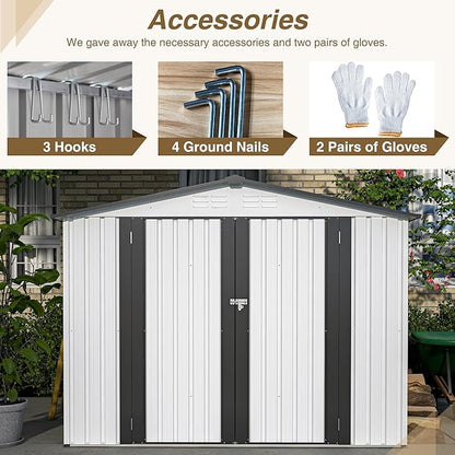 8x6 FT Outdoor Storage Shed W/ 2 Lockable Hinged Doors,Metal Shed W/Sloped Roof & 4 Air Vents,Garden Tool House W/Updated Frame Structure,for Backyard Patio Lawn,White