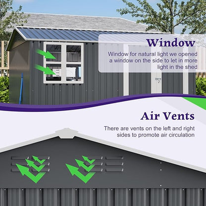 10X8 FT Outdoor Storage Shed,Metal Shed W/Window,Floor Frame & Lockable Swing Door,Garden Tool House W/ 4 Air Vents & Sloped Roof,for Backyard Patio Lawn,Gray