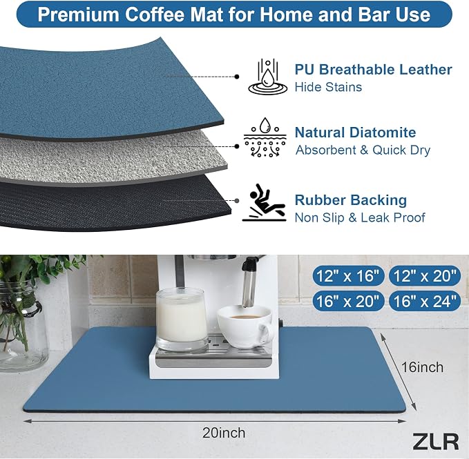 ZLR Coffee Bar Mat for Coffee Station, 16"x20" Large, Navy Blue | Absorbent Dish Drying Mat, Stain-Hiding Top, Non-Slip Back, Fits Espresso, Grinder, Knock Box, Frother & Cup Display