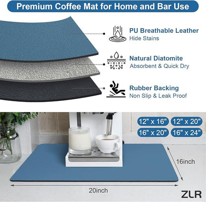 ZLR Coffee Bar Mat for Coffee Station, 16"x20" Large, Navy Blue | Absorbent Dish Drying Mat, Stain-Hiding Top, Non-Slip Back, Fits Espresso, Grinder, Knock Box, Frother & Cup Display