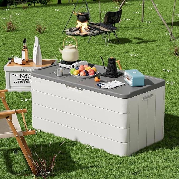 ZZM 110 Gallon Lockable Resin Deck Box, Waterproof Outdoor Storage Box for Patio Cushion Storage Cabinet and Tools Storage, White