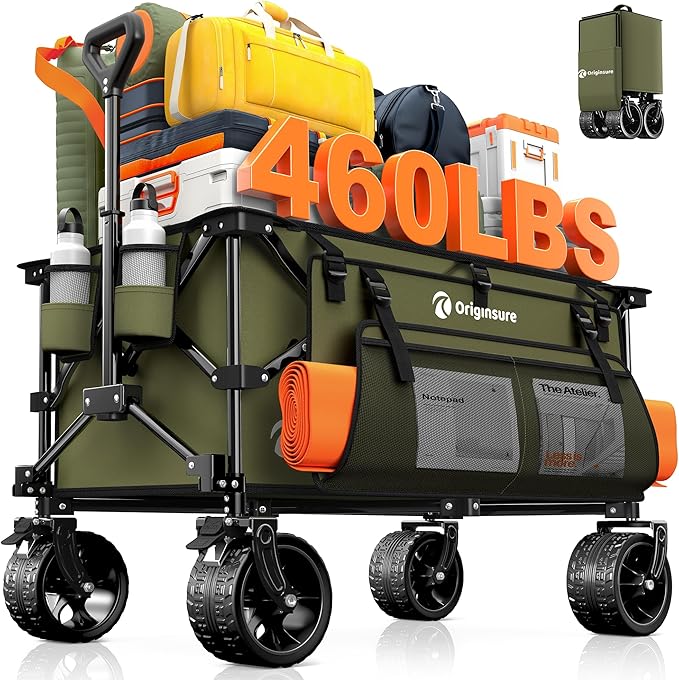 220L Collapsible Wagon Cart Foldable, 460lbs Load Capacity Heavy Duty Folding Beach Wagons with Big All-Terrain Wheels, Utility Carts for Groceries, Shopping, Camping, Sports - Green