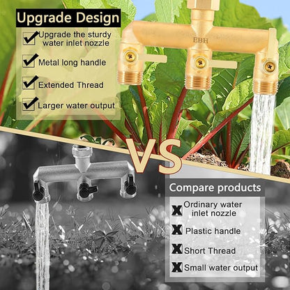 EBH Brass Garden Hose Splitter, 3 Way High Flow Outdoor Faucet Splitter,Full Flow 3-Way Brass Heavy Duty Hose Splitter With 3 Long Metal Handle and Individual On/Off Valve。