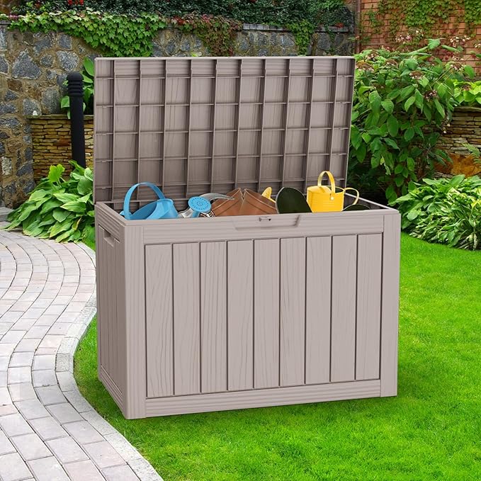 ROJIK Outdoor Storage Housing Deck Box - Waterproof Patio Furniture, Garden Tools, Cushions, Pool Accessories Storage Bench with Lockable Lid and Side Handles (Grey, 45 Gal)