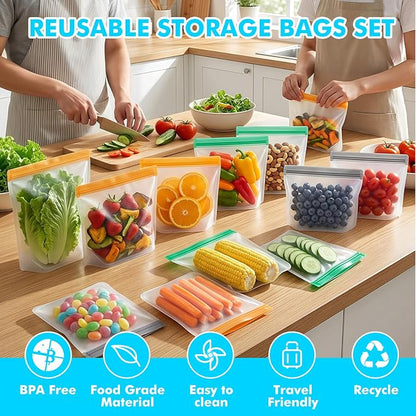 10 Pack Reusable Silicone Food Storage Bags, Reusable Freezer Bags, Leakproof Snack Sandwich Gallon Bags BPA Free Contaizers, Freezer Bag for Meal Prep, Marinate Meat, Salad Fruit, Veggies, Lunch Blue