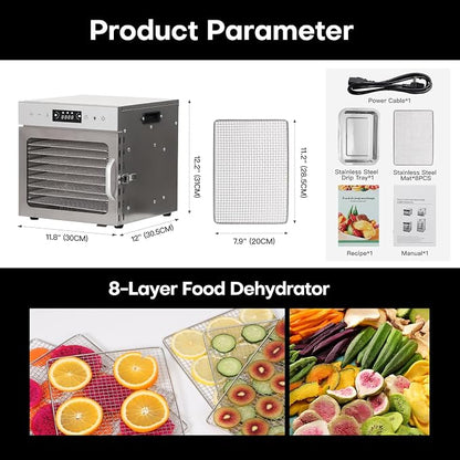 Panana Food Dehydrator for Jerky, Fruit, Meat, Beef, Herbs, 6/8/12/18-Tray Full Stainless Steel Dehydrator Machine, LED Display, Adjustable Timer, Temperature Control, Overheat Protection (8-Trays)